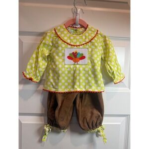 Little Threads Kids 9M Thanksgiving Smocked Turkey Polka Dot Set Brown Corduroy